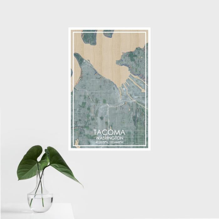 16x24 Tacoma Washington Map Print Portrait Orientation in Afternoon Style With Tropical Plant Leaves in Water
