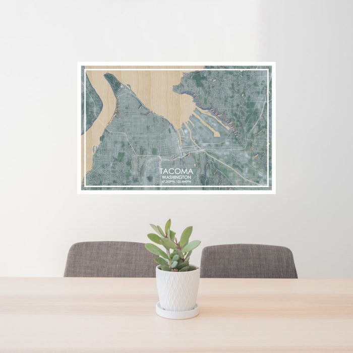 24x36 Tacoma Washington Map Print Lanscape Orientation in Afternoon Style Behind 2 Chairs Table and Potted Plant