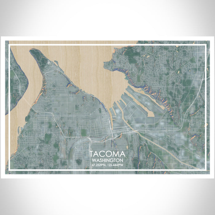Tacoma Washington Map Print Landscape Orientation in Afternoon Style With Shaded Background