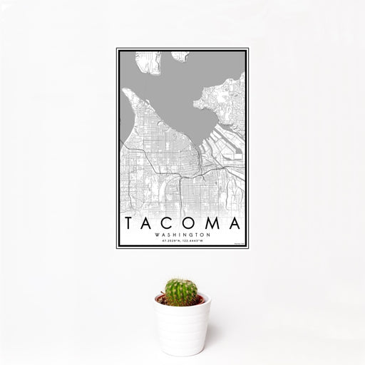 12x18 Tacoma Washington Map Print Portrait Orientation in Classic Style With Small Cactus Plant in White Planter