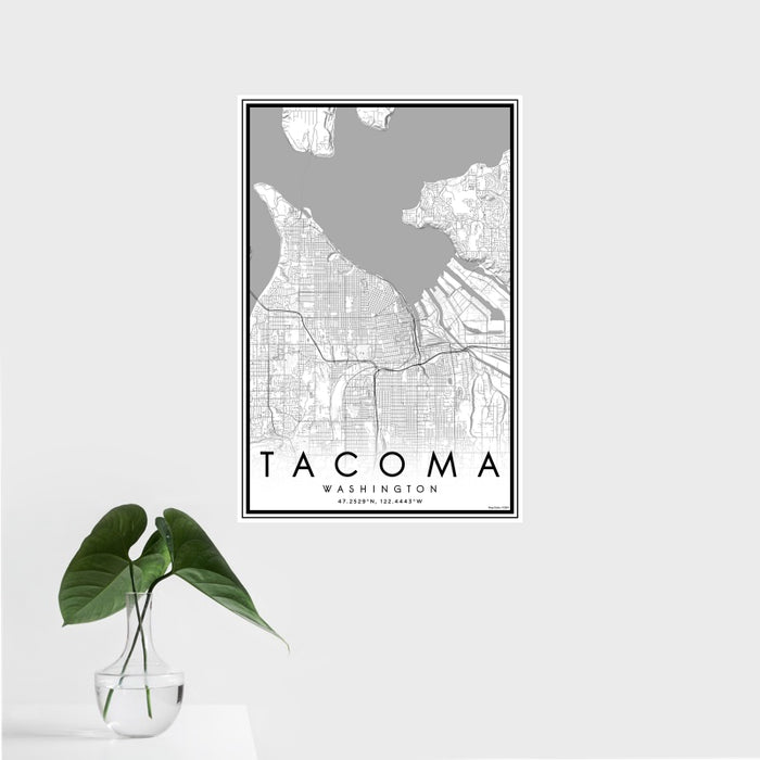16x24 Tacoma Washington Map Print Portrait Orientation in Classic Style With Tropical Plant Leaves in Water