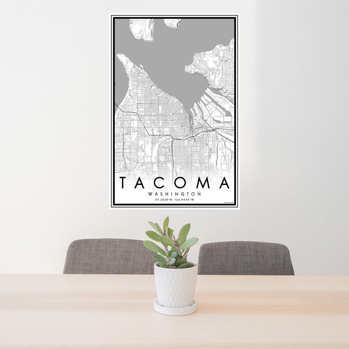 24x36 Tacoma Washington Map Print Portrait Orientation in Classic Style Behind 2 Chairs Table and Potted Plant