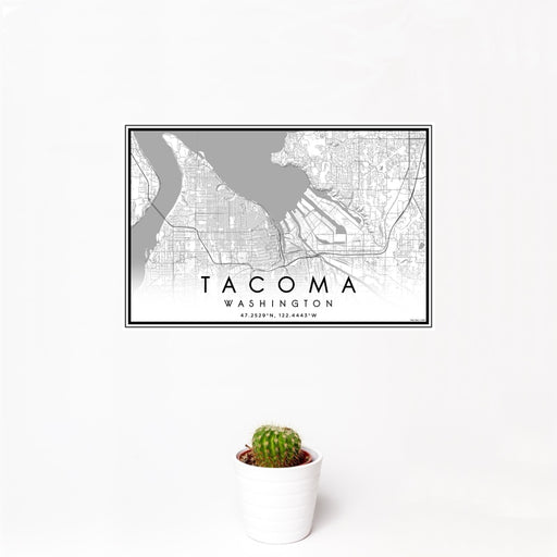 12x18 Tacoma Washington Map Print Landscape Orientation in Classic Style With Small Cactus Plant in White Planter