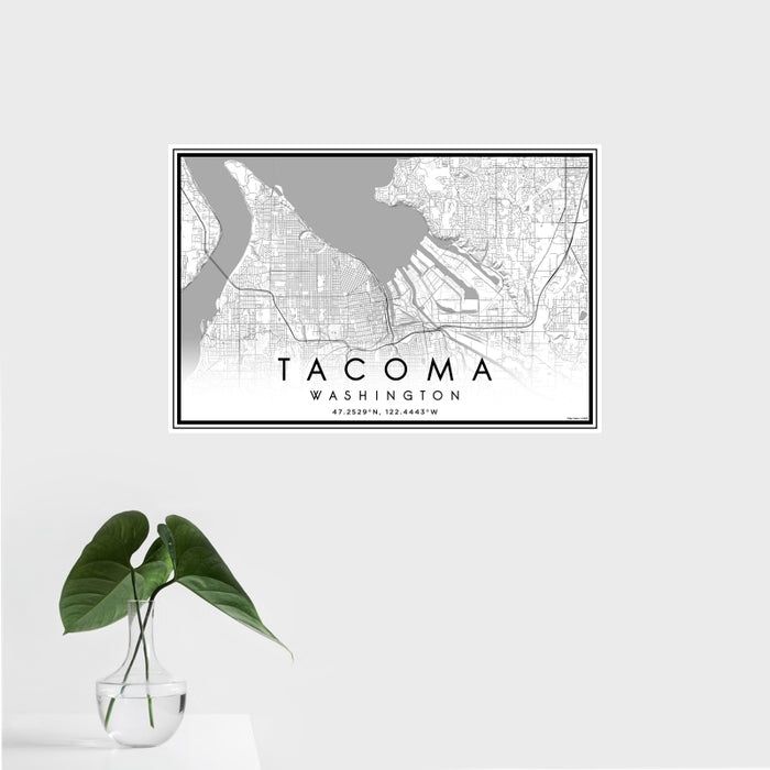 16x24 Tacoma Washington Map Print Landscape Orientation in Classic Style With Tropical Plant Leaves in Water