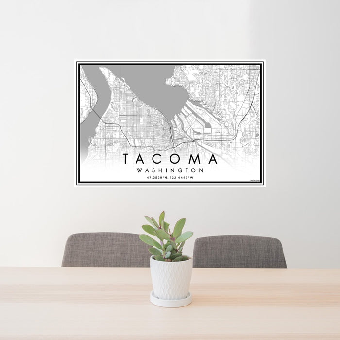 24x36 Tacoma Washington Map Print Landscape Orientation in Classic Style Behind 2 Chairs Table and Potted Plant