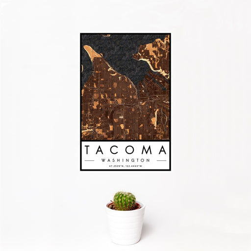 12x18 Tacoma Washington Map Print Portrait Orientation in Ember Style With Small Cactus Plant in White Planter