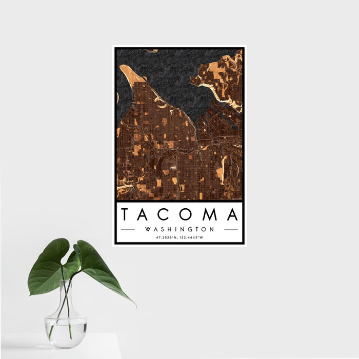 16x24 Tacoma Washington Map Print Portrait Orientation in Ember Style With Tropical Plant Leaves in Water