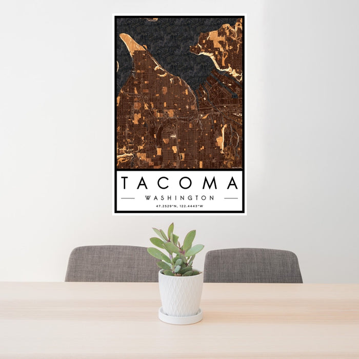 24x36 Tacoma Washington Map Print Portrait Orientation in Ember Style Behind 2 Chairs Table and Potted Plant