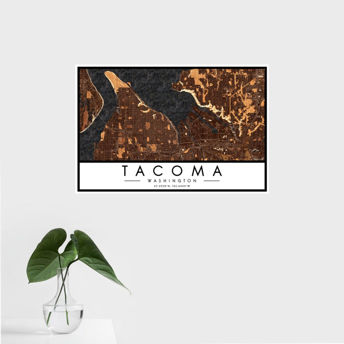 16x24 Tacoma Washington Map Print Landscape Orientation in Ember Style With Tropical Plant Leaves in Water