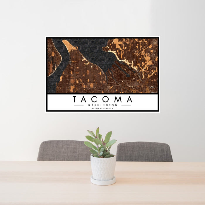 24x36 Tacoma Washington Map Print Landscape Orientation in Ember Style Behind 2 Chairs Table and Potted Plant