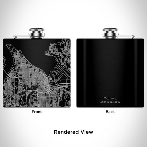 Rendered View of Tacoma Washington Map Engraving on 6oz Stainless Steel Flask in Black