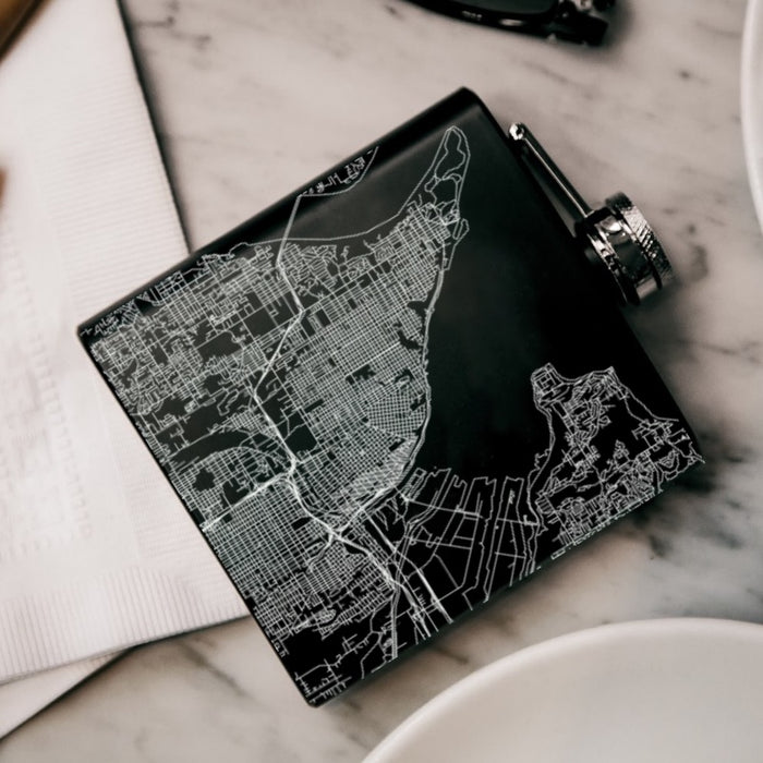 Tacoma Washington Custom Engraved City Map Inscription Coordinates on 6oz Stainless Steel Flask in Black