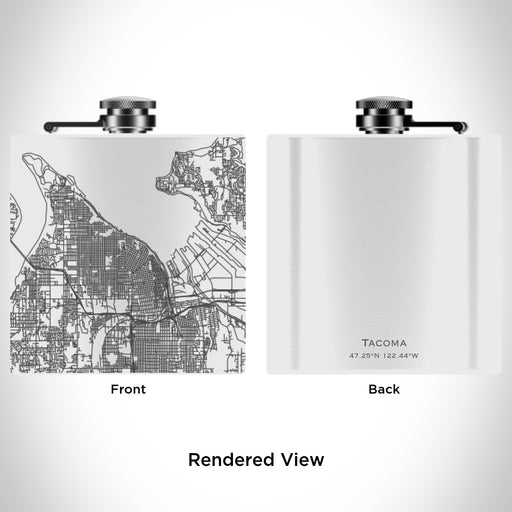 Rendered View of Tacoma Washington Map Engraving on 6oz Stainless Steel Flask in White