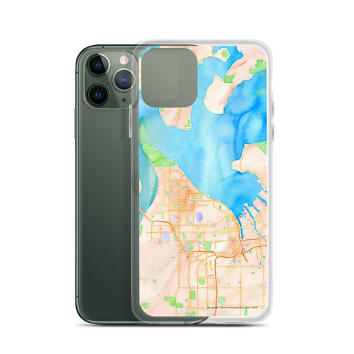 Custom Tacoma Washington Map Phone Case in Watercolor on Table with Laptop and Plant
