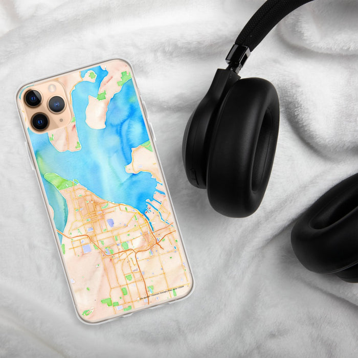 Custom Tacoma Washington Map Phone Case in Watercolor on Table with Black Headphones