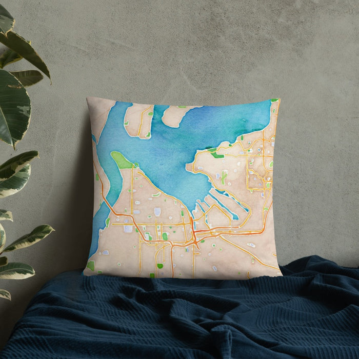 Custom Tacoma Washington Map Throw Pillow in Watercolor on Bedding Against Wall