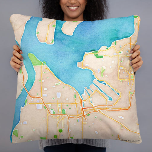Person holding 22x22 Custom Tacoma Washington Map Throw Pillow in Watercolor