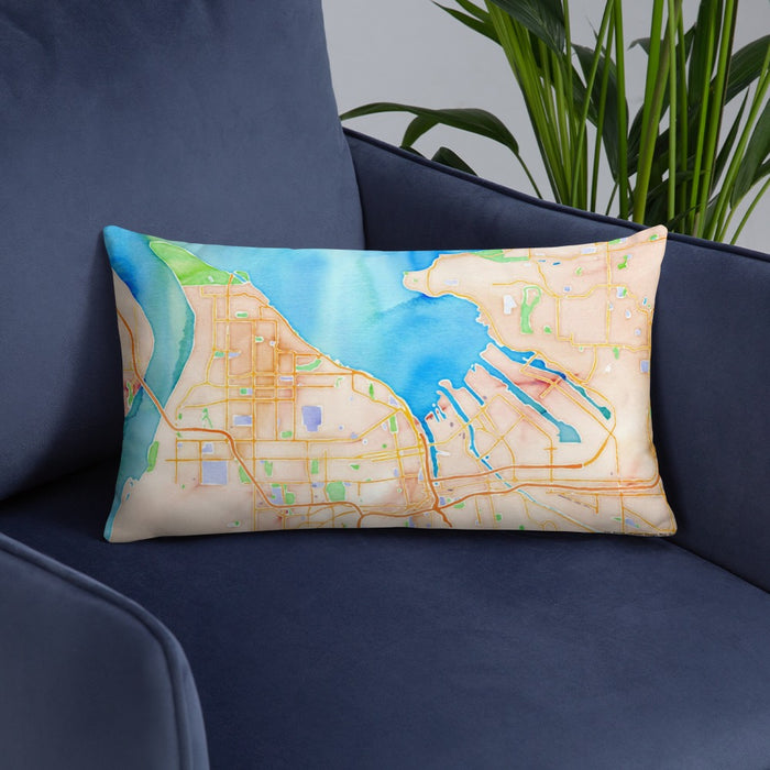 Custom Tacoma Washington Map Throw Pillow in Watercolor on Blue Colored Chair