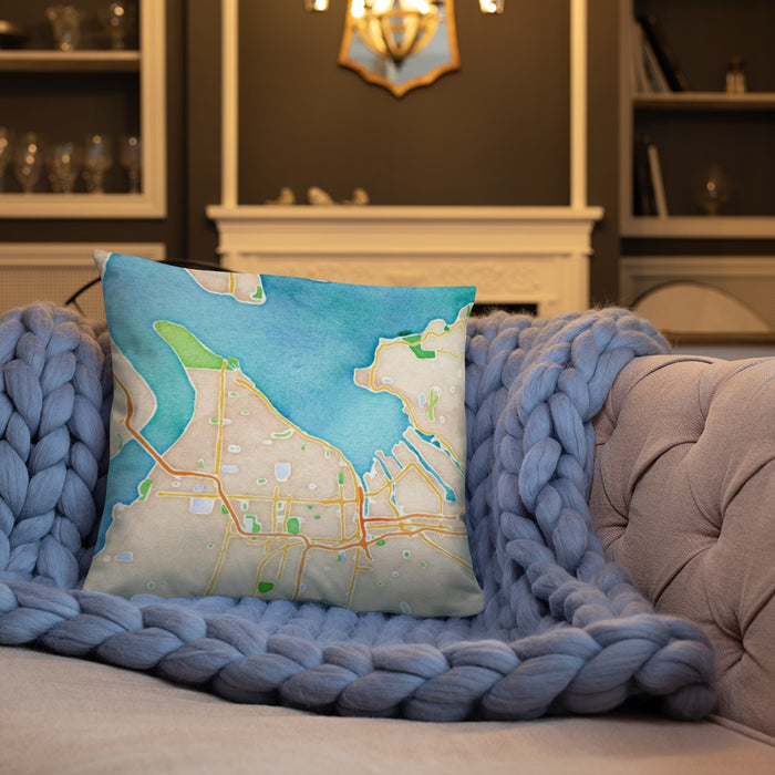 Custom Tacoma Washington Map Throw Pillow in Watercolor on Cream Colored Couch