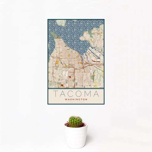 12x18 Tacoma Washington Map Print Portrait Orientation in Woodblock Style With Small Cactus Plant in White Planter