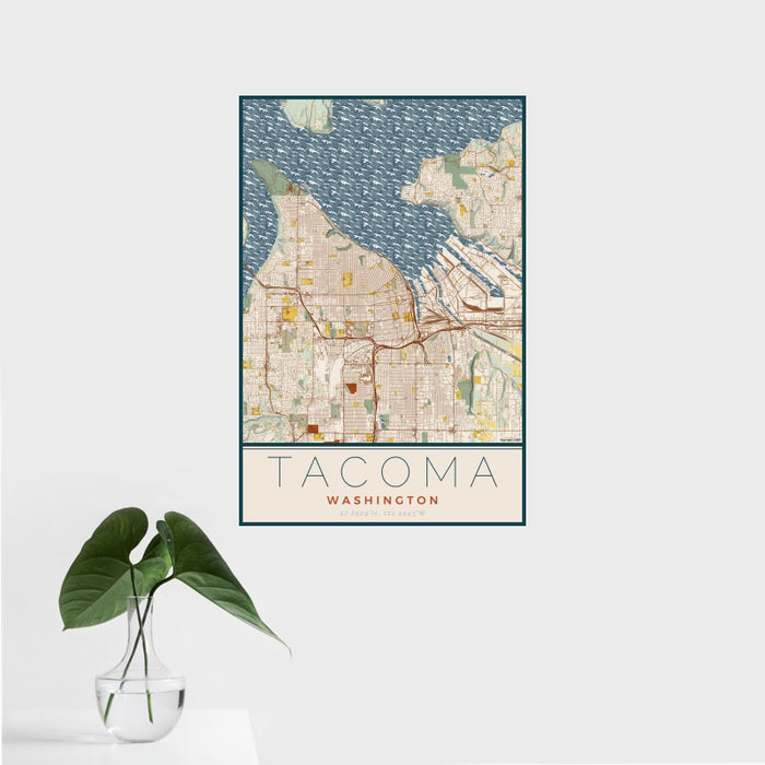 16x24 Tacoma Washington Map Print Portrait Orientation in Woodblock Style With Tropical Plant Leaves in Water