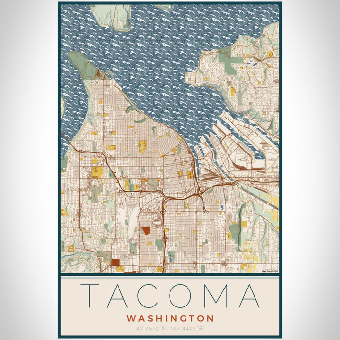 Tacoma Washington Map Print Portrait Orientation in Woodblock Style With Shaded Background