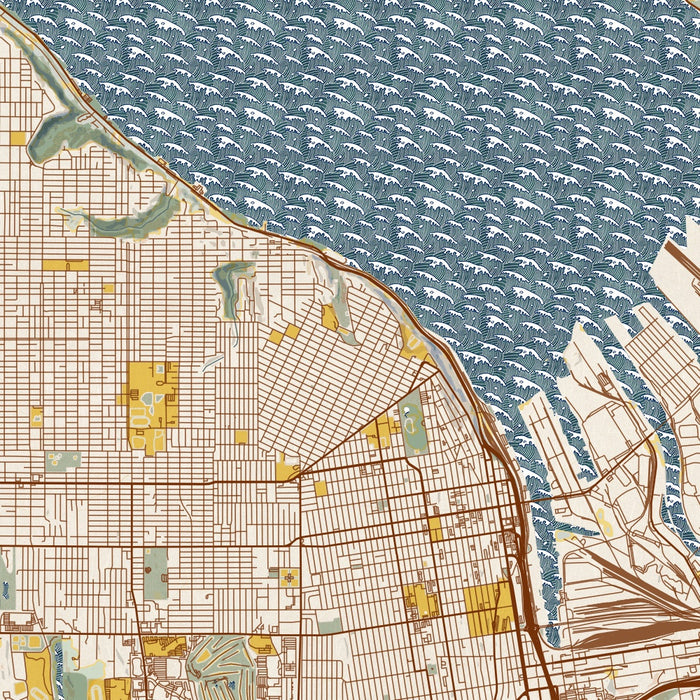 Tacoma Washington Map Print in Woodblock Style Zoomed In Close Up Showing Details