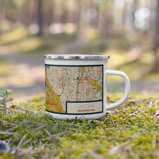 Right View Custom Tacoma Washington Map Enamel Mug in Woodblock on Grass With Trees in Background