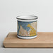 Front View Custom Tacoma Washington Map Enamel Mug in Woodblock on Cutting Board