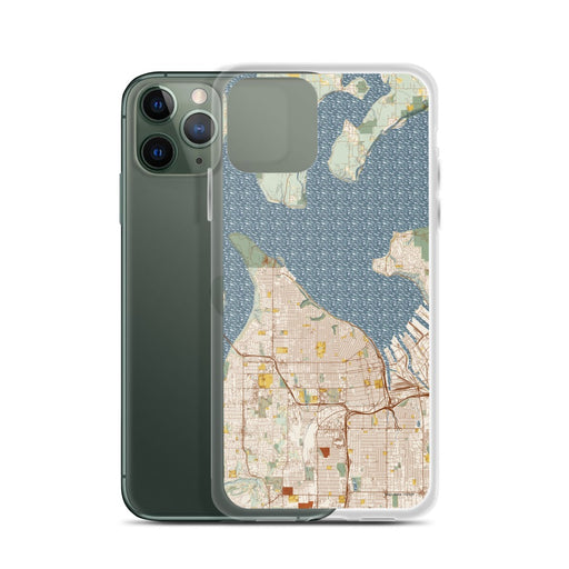 Custom Tacoma Washington Map Phone Case in Woodblock on Table with Laptop and Plant
