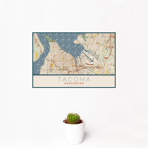 12x18 Tacoma Washington Map Print Landscape Orientation in Woodblock Style With Small Cactus Plant in White Planter