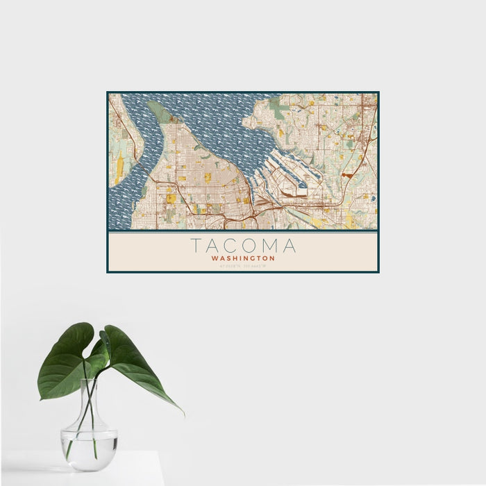 16x24 Tacoma Washington Map Print Landscape Orientation in Woodblock Style With Tropical Plant Leaves in Water