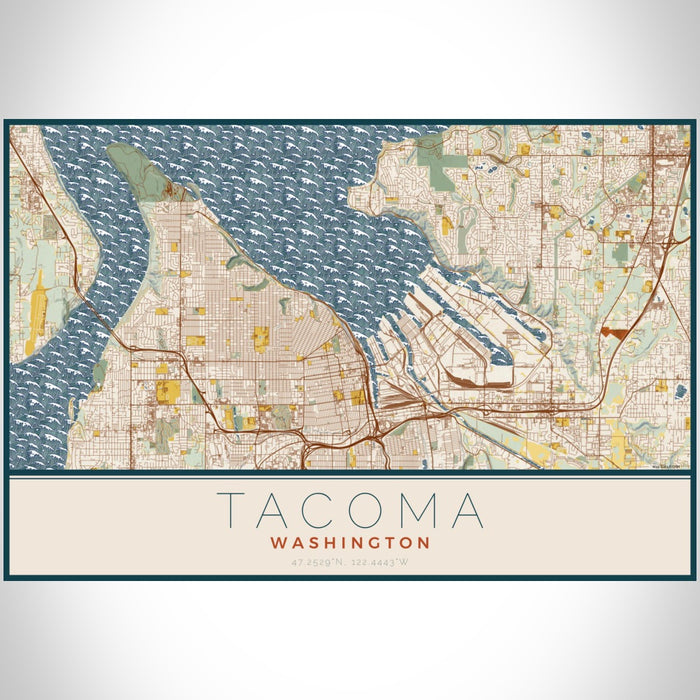 Tacoma Washington Map Print Landscape Orientation in Woodblock Style With Shaded Background