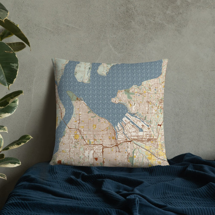 Custom Tacoma Washington Map Throw Pillow in Woodblock on Bedding Against Wall