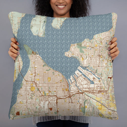 Person holding 22x22 Custom Tacoma Washington Map Throw Pillow in Woodblock