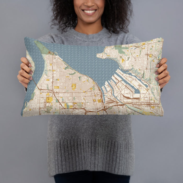 Person holding 20x12 Custom Tacoma Washington Map Throw Pillow in Woodblock