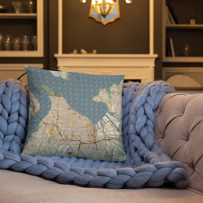 Custom Tacoma Washington Map Throw Pillow in Woodblock on Cream Colored Couch