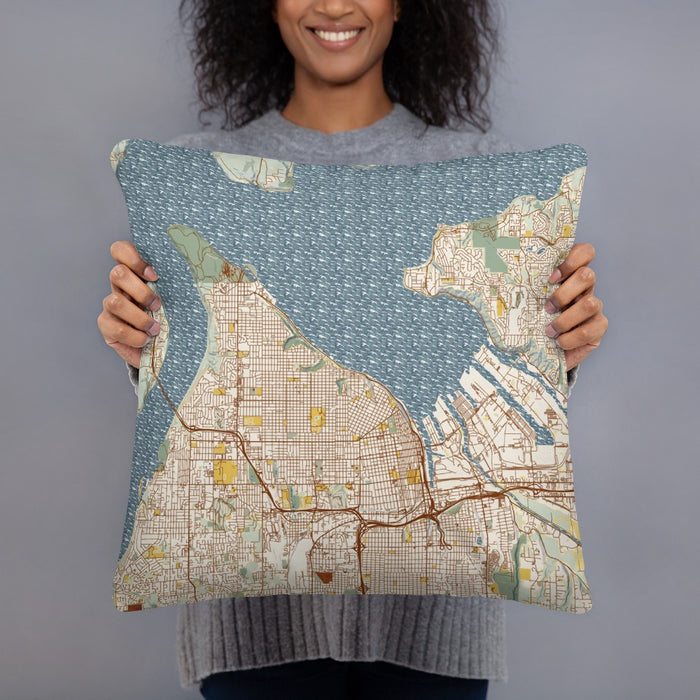 Person holding 18x18 Custom Tacoma Washington Map Throw Pillow in Woodblock