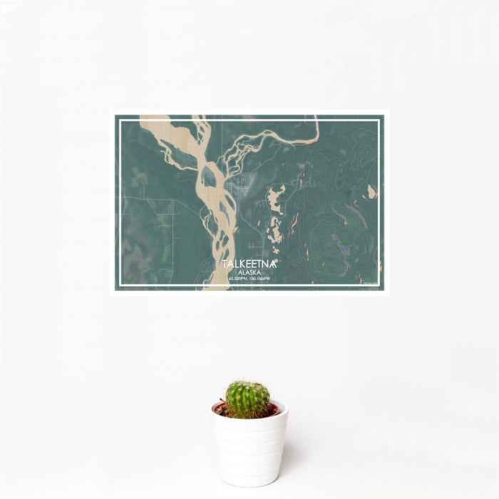 12x18 Talkeetna Alaska Map Print Landscape Orientation in Afternoon Style With Small Cactus Plant in White Planter