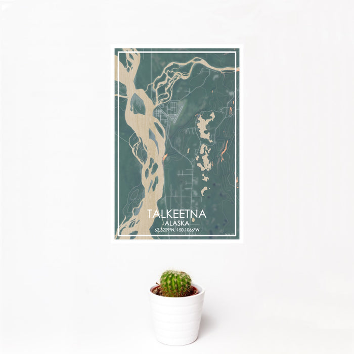 12x18 Talkeetna Alaska Map Print Portrait Orientation in Afternoon Style With Small Cactus Plant in White Planter