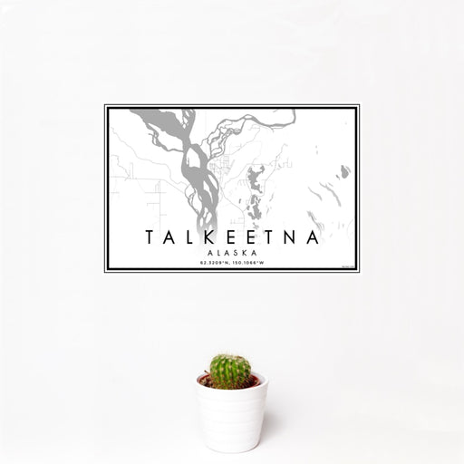 12x18 Talkeetna Alaska Map Print Landscape Orientation in Classic Style With Small Cactus Plant in White Planter