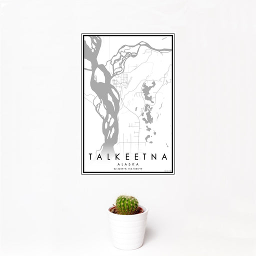 12x18 Talkeetna Alaska Map Print Portrait Orientation in Classic Style With Small Cactus Plant in White Planter