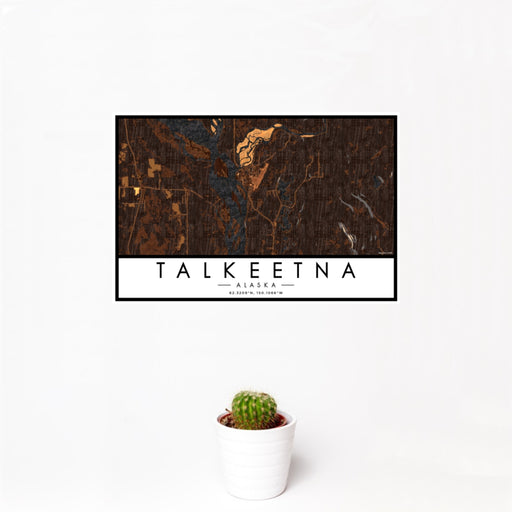 12x18 Talkeetna Alaska Map Print Landscape Orientation in Ember Style With Small Cactus Plant in White Planter