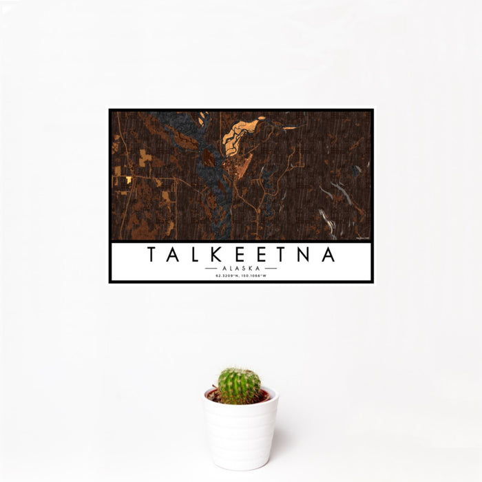 12x18 Talkeetna Alaska Map Print Landscape Orientation in Ember Style With Small Cactus Plant in White Planter