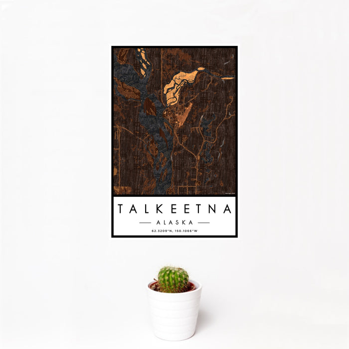 12x18 Talkeetna Alaska Map Print Portrait Orientation in Ember Style With Small Cactus Plant in White Planter