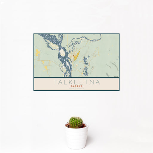 12x18 Talkeetna Alaska Map Print Landscape Orientation in Woodblock Style With Small Cactus Plant in White Planter