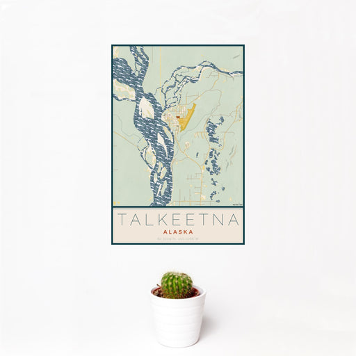 12x18 Talkeetna Alaska Map Print Portrait Orientation in Woodblock Style With Small Cactus Plant in White Planter