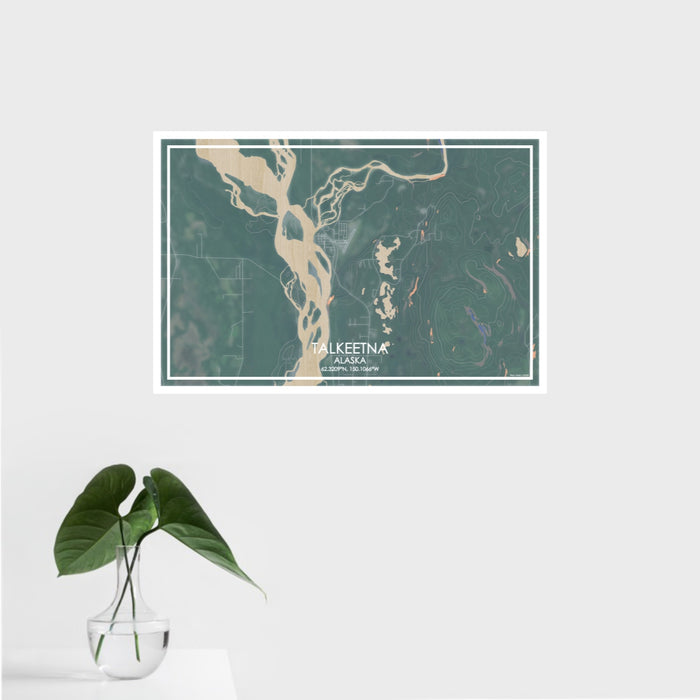 16x24 Talkeetna Alaska Map Print Landscape Orientation in Afternoon Style With Tropical Plant Leaves in Water