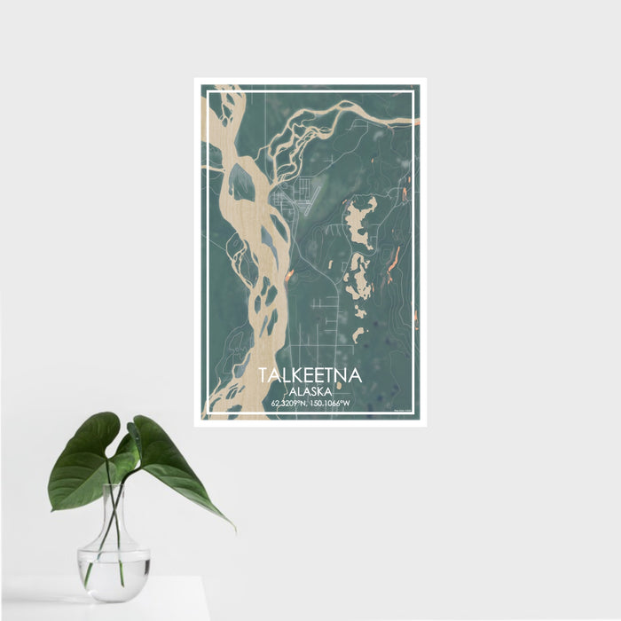 16x24 Talkeetna Alaska Map Print Portrait Orientation in Afternoon Style With Tropical Plant Leaves in Water