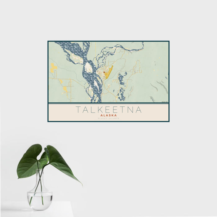 16x24 Talkeetna Alaska Map Print Landscape Orientation in Woodblock Style With Tropical Plant Leaves in Water